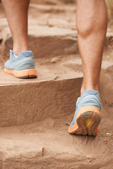 Image showing Closeup, legs and person hiking steps in nature for fitness, workout and exercise training for wellness, health or sports. Zoom, feet or hiker muscles walking or climbing stairs in environment cardio