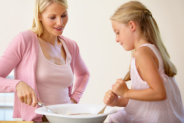 Image showing Bowl, stir and baking mom, child or family mix batch, food or prepare recipe, wheat flour or ingredients. Kitchen equipment, teaching and kid learning home cooking together for Mothers Day bonding