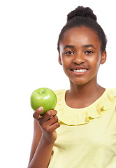 Image showing Portrait, girl and kid with nutrition, apple and smile isolated on a white studio background. Face, African person and model with organic fruit, healthy snack and wellness with diet, happy and joy