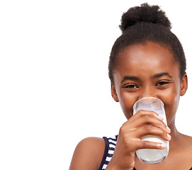 Image showing Portrait, nutrition and black woman drinking milk, healthy diet or wellness isolated on white studio background. Face, African person or smile with a glass, calcium or organic dairy with mockup space