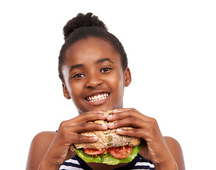 Image showing Sandwich, portrait and woman eating fast food and happy with lunch meal isolated on a white studio background. Breakfast, craving and face with African person enjoy snack, mockup space and burger