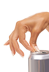 Image showing Hands, woman and open tin of soda, beer and fizzy cola beverage in studio on white background. Closeup, silver can and pull metal ring of container for drinking alcohol, cold liquid and sugar diet