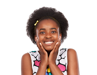 Image showing Happy, portrait and young black girl in a studio with positive, good and confident attitude. Sweet, smile and headshot face of gen z African teenager with natural hair isolated by white background.