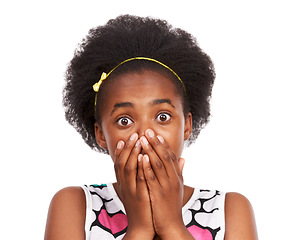 Image showing Shock, portrait and young black girl in a studio with wow, wtf or omg facial expression for good news. Sweet, excited and headshot of African teenager with surprise face isolated by white background.