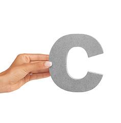 Image showing Hands, alphabet and capital letter c in studio isolated on a white background mockup space. Fingers, font and closeup of sign for typo, communication or learning language, character or uppercase icon