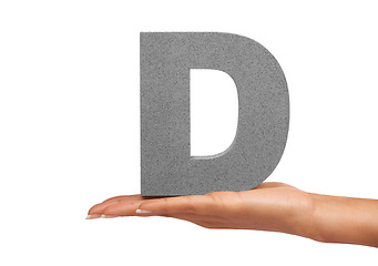 Image showing D, alphabet and hand with letter on a white background for spelling, language and message. English, communication and isolated sign, symbol and icon on palm in studio for learning, education and font