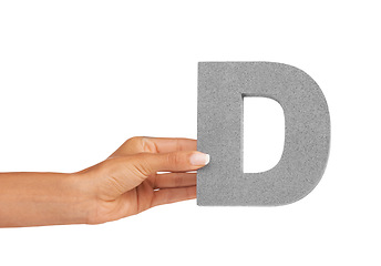 Image showing Hand of woman, capital letter D and presentation of consonant isolated on white background. Character, font and palm with English alphabet typeface for communication, reading and writing in studio.