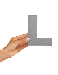 Image showing Hands, alphabet and capital letter L in studio isolated on a white background mockup space. Fingers, font and closeup of sign for typo, communication or learning language, character or uppercase icon