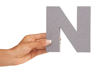 Image showing Hands, alphabet or capital letter N in studio isolated on a white background mockup space. Fingers, font or closeup of sign for typo, communication or learning language, character or person show icon