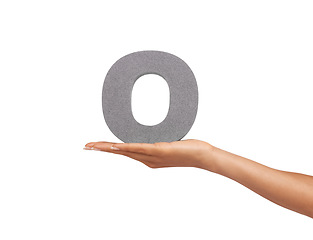 Image showing O, alphabet and hand with letter on a white background for spelling, language and message. English, communication and isolated sign, symbol and icon on palm in studio for learning, education and font