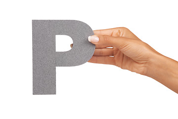 Image showing Hands, font and capital letter P in studio isolated on a white background mockup space. Fingers, alphabet and closeup of sign for typo, communication or learning language, character or uppercase icon