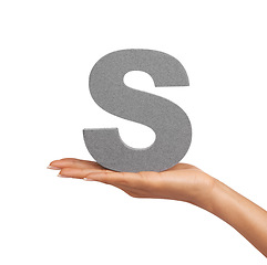 Image showing S, learning and hand with letter on a white background for spelling, language and message. English, communication and isolated sign, symbol and icon on palm in studio for alphabet, education and font