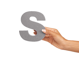 Image showing S, alphabet and hand with letter on a white background for spelling, language and message. English, communication and isolated sign, symbol and icon on palm in studio for learning, education and font