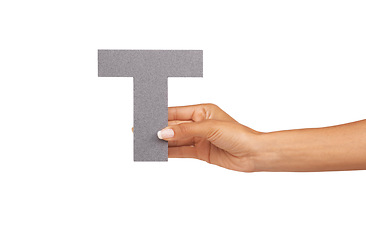 Image showing Hands, font and capital letter T in studio isolated on a white background mockup space. Fingers, alphabet and closeup of sign for typo, communication or learning language, character or uppercase icon