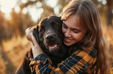 Image showing Girl Hugging Dog in the Woods, Heartwarming Moment of Connection and Love