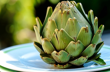 Image showing Green Artichoke on Blue and White Plate - Fresh Organic Vegetable Decoration Concept