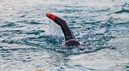 Image showing A professional triathlete trains with unwavering dedication for an upcoming competition at a lake, emanating a sense of athleticism and profound commitment to excellence.