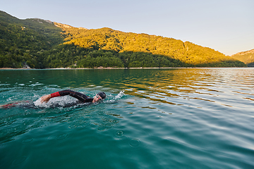 Image showing Triathlon athlete swimming on lake in sunrise wearing wetsuit