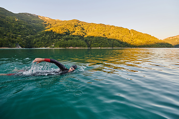 Image showing Triathlon athlete swimming on lake in sunrise wearing wetsuit