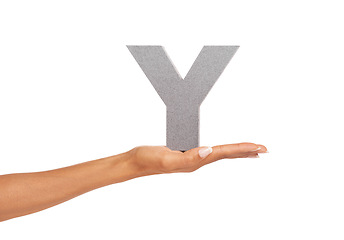 Image showing Woman, hand and Y font or alphabet in studio for advertising, learning or teaching on mockup. Sign, letter and character for marketing, text or communication and grammar or symbol on white background