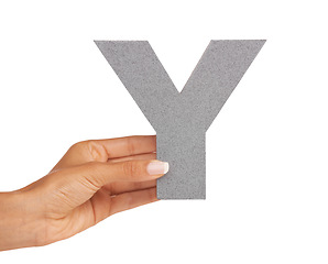 Image showing Hands, alphabet and capital letter Y in studio isolated on a white background mockup. Person, font and closeup of sign for typo, communication or learning language, character or show uppercase icon