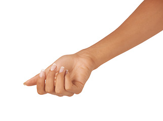 Image showing Woman, hand and palm in studio with manicure for cosmetics, skincare and nail treatment for wellness. Person, fingers or mock up space for cosmetology, moisturiser and smooth skin on white background