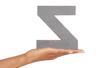 Image showing Hands, font and capital letter Z in studio isolated on a white background to show character or uppercase icon. Palm, alphabet and closeup of sign for typography, communication language or education