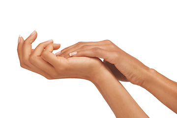 Image showing Woman, hands and palm in studio with skincare for cosmetics, manicure or nail treatment for wellness. Person, fingers or mock up space for cosmetology, moisturiser and smooth skin on white background
