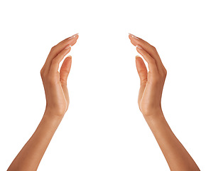 Image showing Hands, skincare closeup and beauty, manicure and isolated on a white studio background mockup. Fingers, spa and model with nails, cosmetics or healthy treatment, dermatology or wellness on copy space