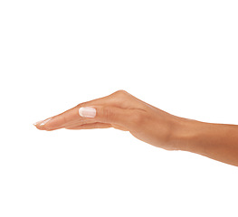 Image showing Woman, hand and nails in studio with skincare for cosmetics, manicure or nail treatment for wellness. Person, fingers or mock up space for cosmetology, moisturiser and smooth skin on white background