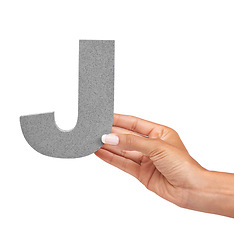 Image showing Hand of woman, capital letter J and presentation of consonant isolated on white background. Character, font and palm with English alphabet typeface for communication, reading and writing in studio.