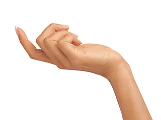 Image showing Woman, hand and wrist in studio with manicure for cosmetics, skincare or nail treatment for wellness. Person, fingers or mock up space for cosmetology, moisturiser and smooth skin on white background