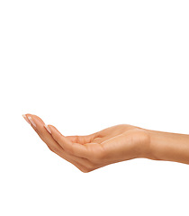 Image showing Woman, hand and wrist in studio with manicure for cosmetics, skincare or nail treatment for wellness. Person, fingers or mock up space for cosmetology, moisturiser and smooth skin on white background
