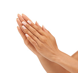 Image showing Woman, hands or nails in studio with manicure for cosmetics, skincare or nail treatment for wellness. Person, fingers or mock up space for cosmetology, moisturiser and smooth skin on white background