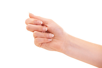 Image showing Woman, hand and manicure for polish, french nails and cosmetic care, skincare and beauty. White background, wellness and treatment for hygiene, closeup and fist for arm, studio backdrop and clean