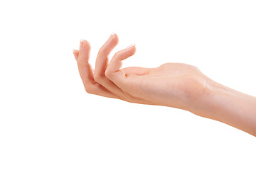 Image showing Woman, hand and skincare for cosmetics, beauty products or advertising against a white studio background. Closeup of female person palm for soft skin, glow or dermatology in wellness on mockup space