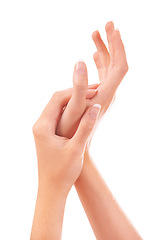 Image showing Skincare touch, nails and hands closeup in studio isolated on a white background. Fingers, manicure and palm of woman in spa treatment, natural cosmetics or dermatology, beauty health and wellness