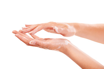 Image showing Sanitary, soap and closeup of washing hands in studio for hygiene, wellness or self care. Cosmetic, foam and zoom of person or model clean skin to prevent germs, bacteria or dirt by white background.