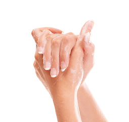 Image showing Wellness, soap and closeup of washing hands in studio for hygiene, health or self care. Grooming, cosmetic and zoom of person or model clean skin to prevent germ, bacteria or dirt by white background