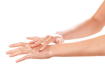 Image showing Skincare, cleaning and washing hands with soap closeup in studio isolated on a white background mockup space. Fingers, nails and woman with foam, dermatology or bacteria prevention, hygiene or health