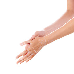 Image showing Skincare, cleaning and washing hands with foam closeup in studio isolated on a white background mockup space. Fingers, nails and woman with soap, dermatology or bacteria prevention, hygiene or health