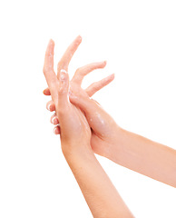 Image showing Health, foam and closeup of washing hands in studio for hygiene, wellness or self care. Grooming, soap and zoom of person or model clean skin to prevent germs, bacteria or dirt by white background.