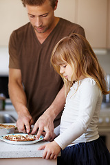 Image showing Family, breakfast or sandwich with a father and daughter in the kitchen of their home together for morning nutrition. Kids, health or diet with a man and his girl child making food, a meal or snack