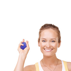 Image showing Stress ball, portrait and young woman in studio for mindful, fitness and arm exercise with smile. Smile, equipment and happy female person from Canada with anxiety relief isolated by white background