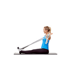 Image showing Fitness, resistance band and woman doing exercise in studio for health, wellness and bodycare. Sport, yoga mat and young female person from Australia with arms workout or training by white background