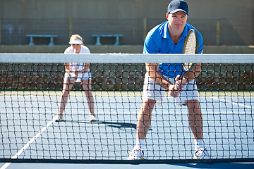 Image showing Tennis match, couple and team in outdoors, competition and playing on court at country club. People, training and exercise or racket for game, performance and practice or collaboration and challenge