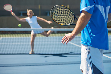 Image showing Tennis match, fitness and people in outdoors, competition and playing on court at country club. Athlete, training and exercise or racket for game, performance and practice or workout and challenge