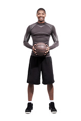 Image showing Fitness, confidence and portrait of black man with basketball, smile and strong muscle workout. Sports wellness, body health and happy professional athlete with ball isolated on white background.