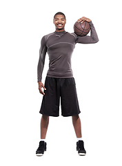 Image showing Sports, smile and portrait of black man with basketball, confidence and pride in body muscle workout. Fitness, wellness and health, happy professional athlete with ball isolated on white background.