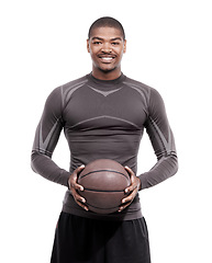 Image showing Fitness, sports and portrait of black man with basketball, strong confidence and body muscle workout. Power wellness, health and happy professional athlete with ball isolated on white background.